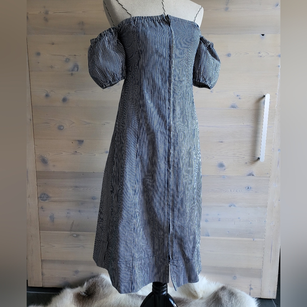 NWT Apiece Apart x Madewell Railroad Stripe Denim Off Shoulder Midi Dress size 6